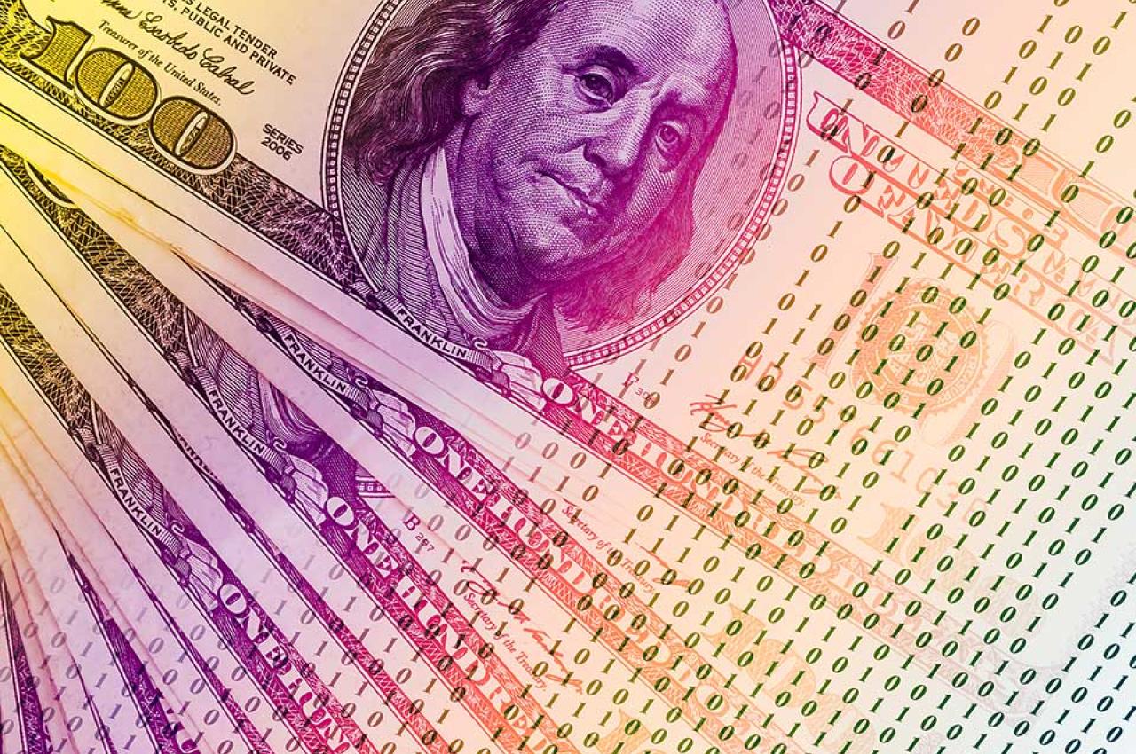 A colorful double exposure displays $100 bills and binary code